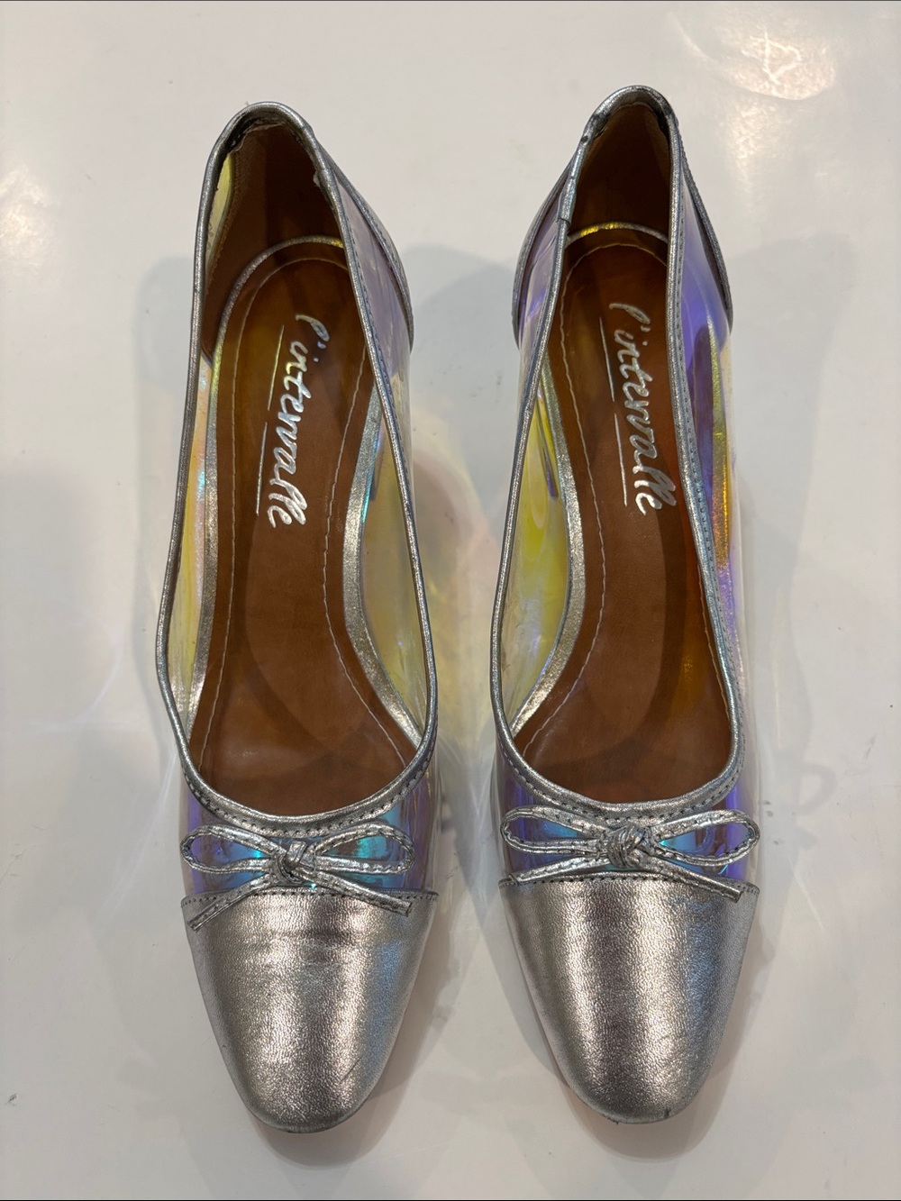 L'INTERVALLE Iridescent Block Heel Pumps Silver Holographic Bow Size 7 Chic - Picture 4 of 14